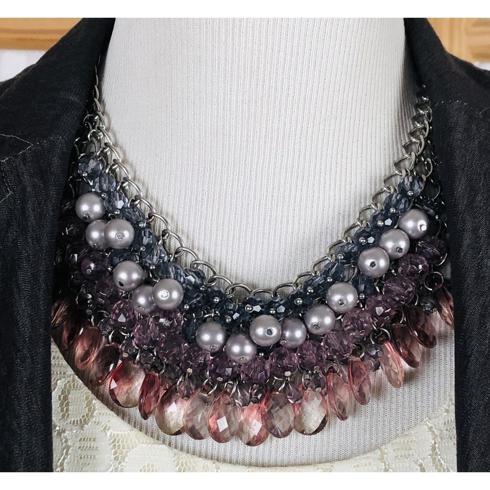 90s LOFT Statement Layered Bib Necklace 18" Mixed Beads Faceted Glass Boho
